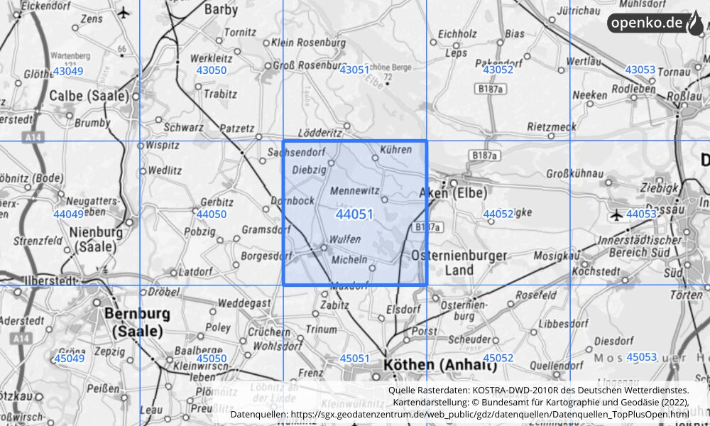 Übersichtskarte KOSTRA-DWD-2010R Rasterfeld Nr. 44051 mit angrenzenden Feldern