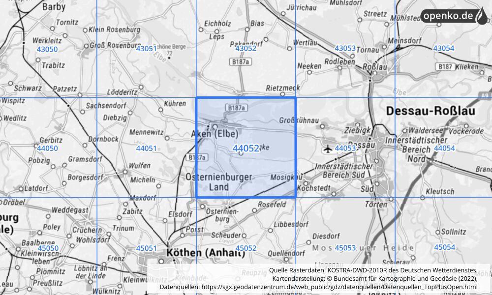 Übersichtskarte KOSTRA-DWD-2010R Rasterfeld Nr. 44052 mit angrenzenden Feldern