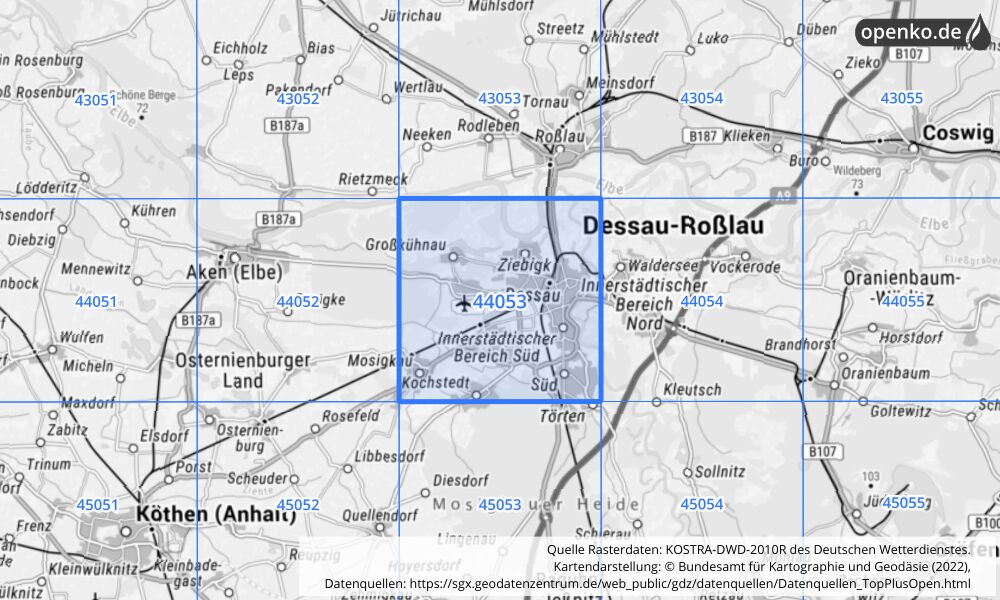 Übersichtskarte KOSTRA-DWD-2010R Rasterfeld Nr. 44053 mit angrenzenden Feldern