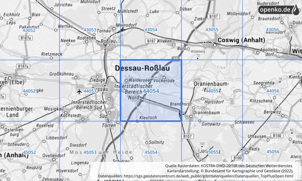 Übersichtskarte KOSTRA-DWD-2010R Rasterfeld Nr. 44054 mit angrenzenden Feldern