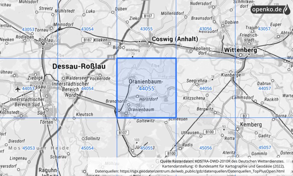 Übersichtskarte KOSTRA-DWD-2010R Rasterfeld Nr. 44055 mit angrenzenden Feldern
