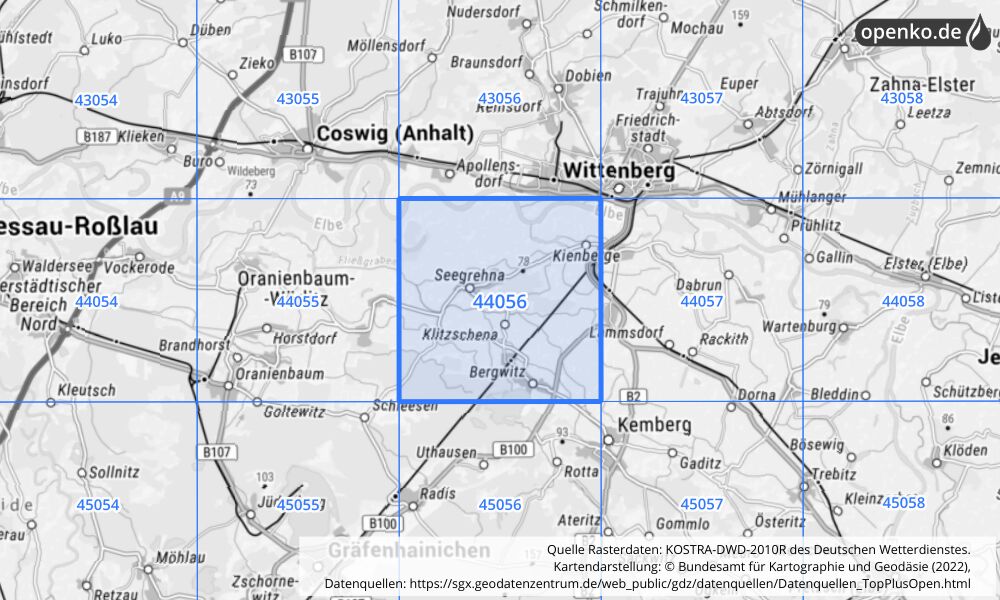 Übersichtskarte KOSTRA-DWD-2010R Rasterfeld Nr. 44056 mit angrenzenden Feldern