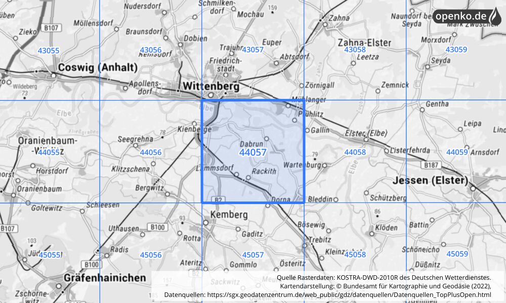 Übersichtskarte KOSTRA-DWD-2010R Rasterfeld Nr. 44057 mit angrenzenden Feldern