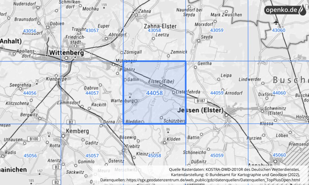 Übersichtskarte KOSTRA-DWD-2010R Rasterfeld Nr. 44058 mit angrenzenden Feldern