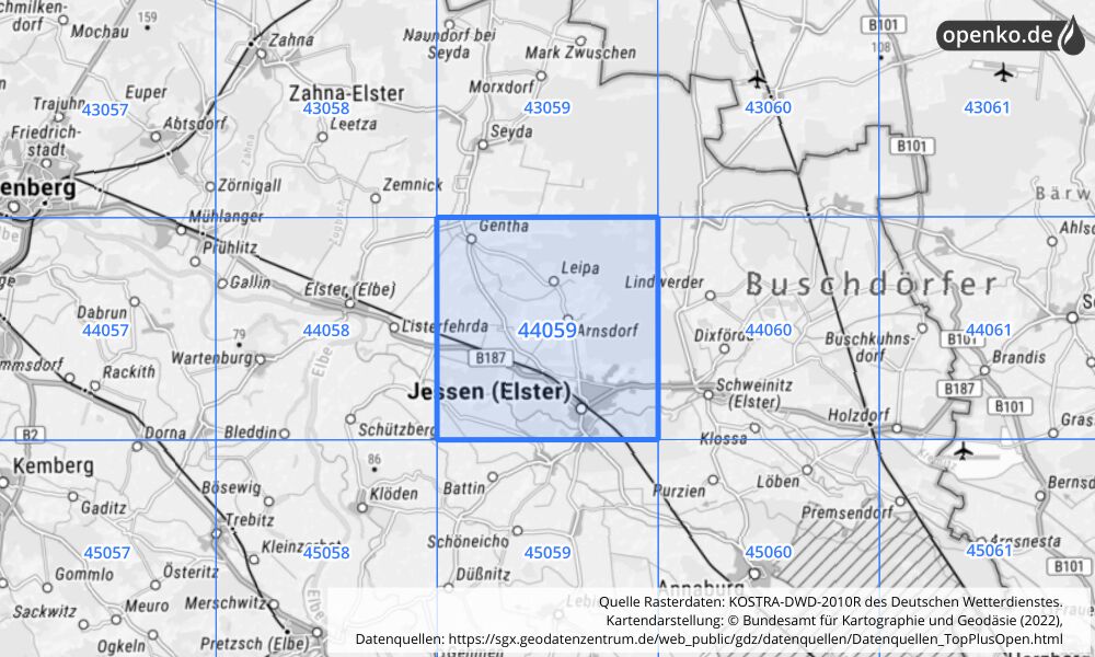 Übersichtskarte KOSTRA-DWD-2010R Rasterfeld Nr. 44059 mit angrenzenden Feldern
