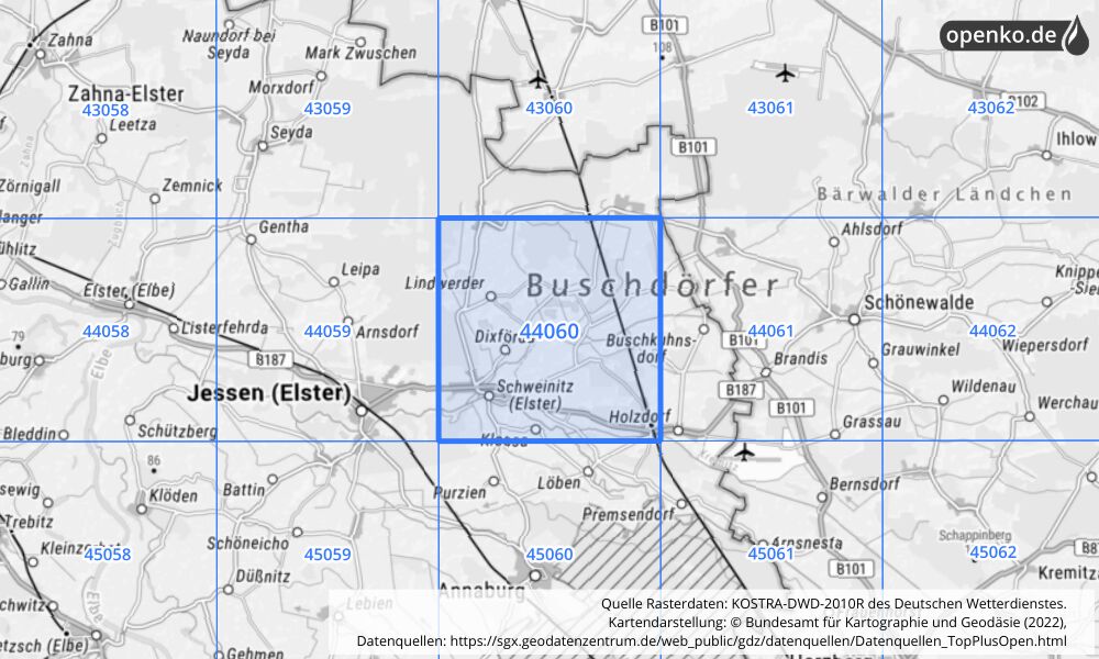 Übersichtskarte KOSTRA-DWD-2010R Rasterfeld Nr. 44060 mit angrenzenden Feldern
