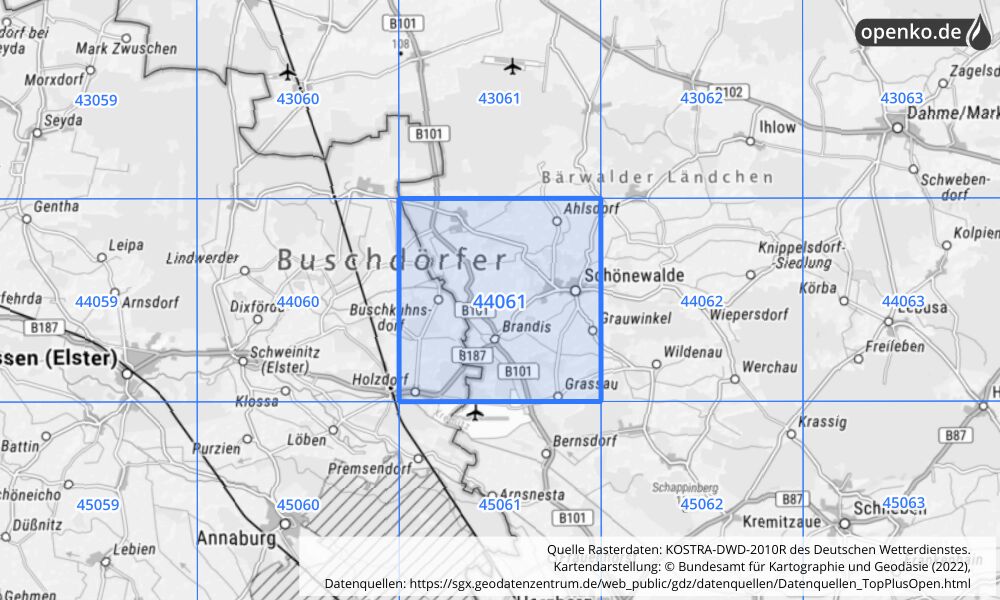 Übersichtskarte KOSTRA-DWD-2010R Rasterfeld Nr. 44061 mit angrenzenden Feldern