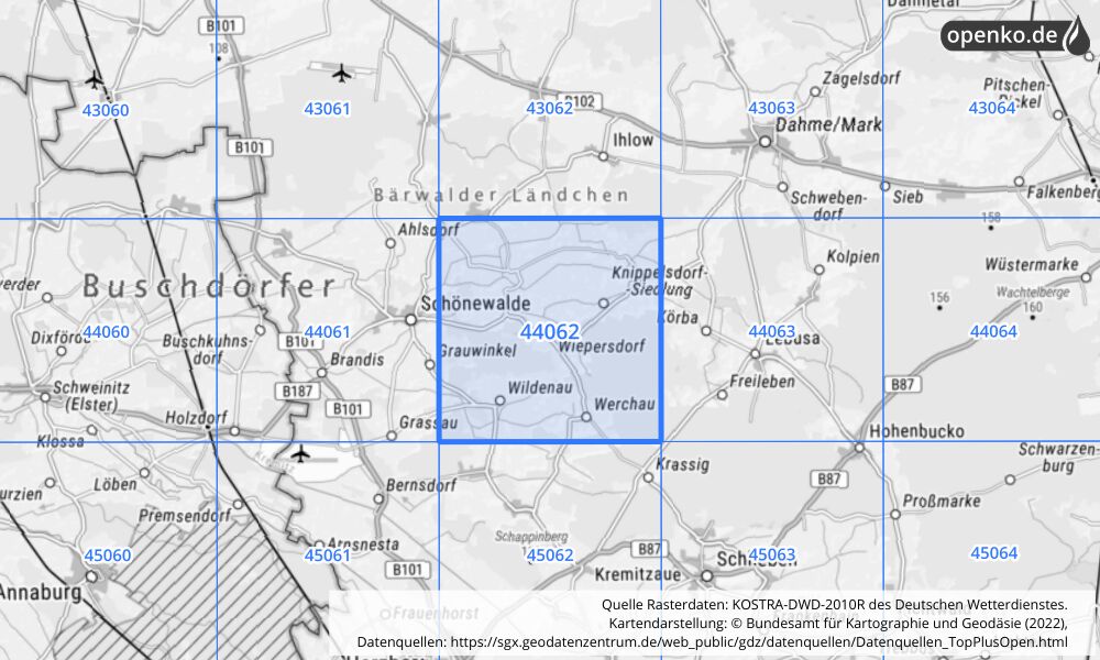 Übersichtskarte KOSTRA-DWD-2010R Rasterfeld Nr. 44062 mit angrenzenden Feldern