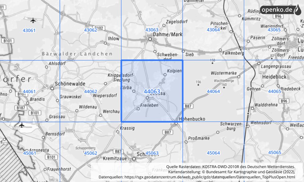 Übersichtskarte KOSTRA-DWD-2010R Rasterfeld Nr. 44063 mit angrenzenden Feldern