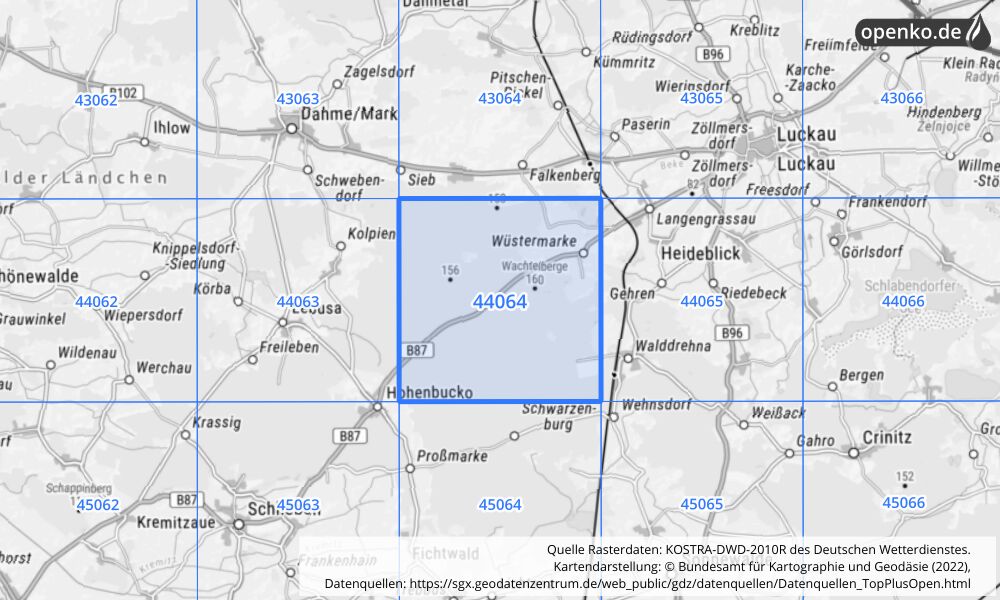 Übersichtskarte KOSTRA-DWD-2010R Rasterfeld Nr. 44064 mit angrenzenden Feldern