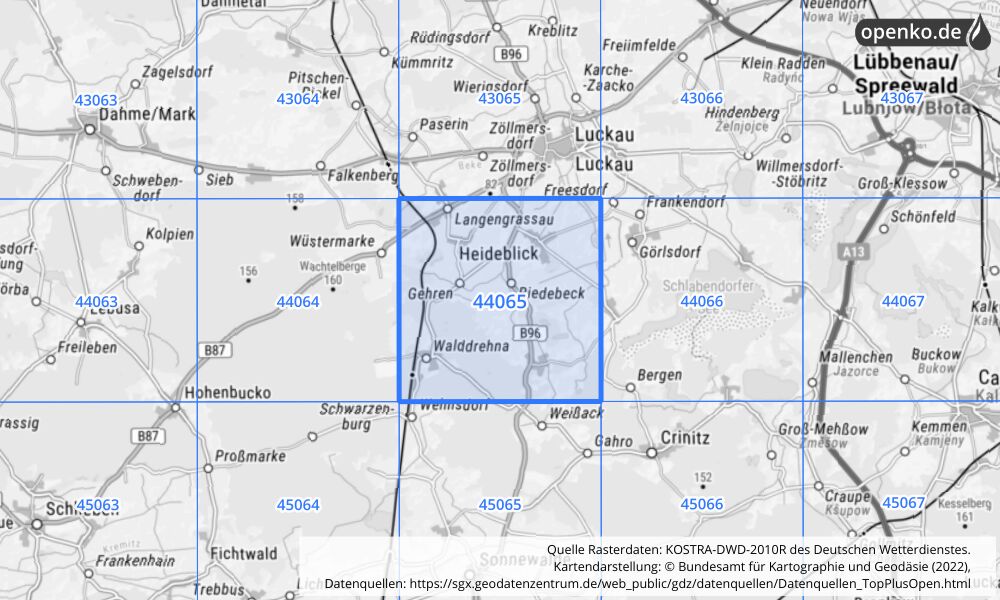 Übersichtskarte KOSTRA-DWD-2010R Rasterfeld Nr. 44065 mit angrenzenden Feldern