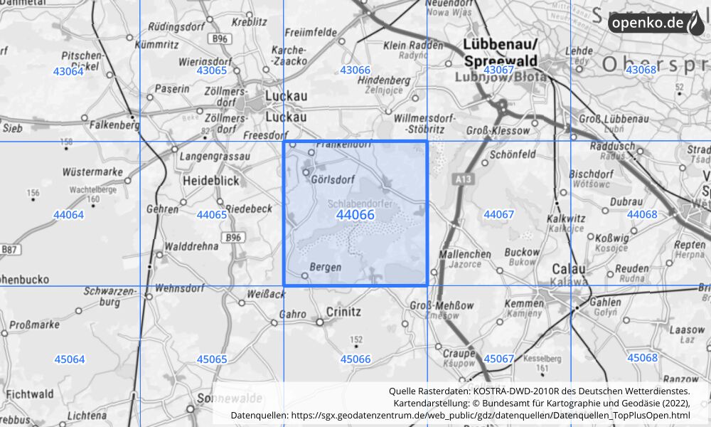 Übersichtskarte KOSTRA-DWD-2010R Rasterfeld Nr. 44066 mit angrenzenden Feldern