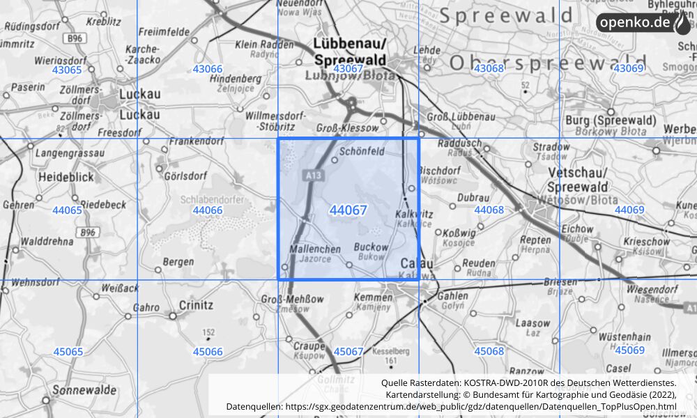 Übersichtskarte KOSTRA-DWD-2010R Rasterfeld Nr. 44067 mit angrenzenden Feldern