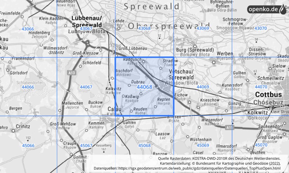 Übersichtskarte KOSTRA-DWD-2010R Rasterfeld Nr. 44068 mit angrenzenden Feldern