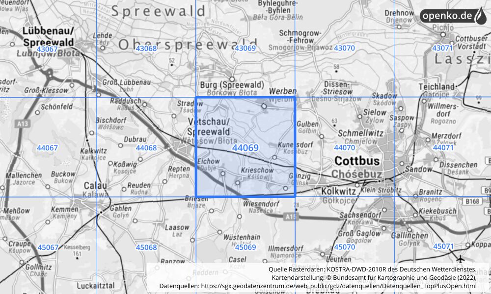 Übersichtskarte KOSTRA-DWD-2010R Rasterfeld Nr. 44069 mit angrenzenden Feldern