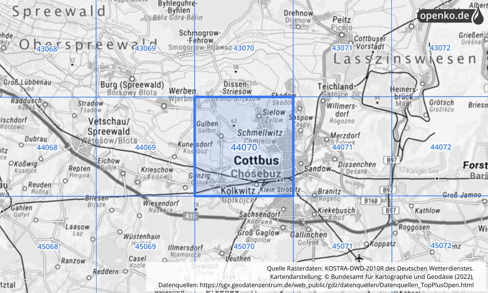 Übersichtskarte KOSTRA-DWD-2010R Rasterfeld Nr. 44070 mit angrenzenden Feldern
