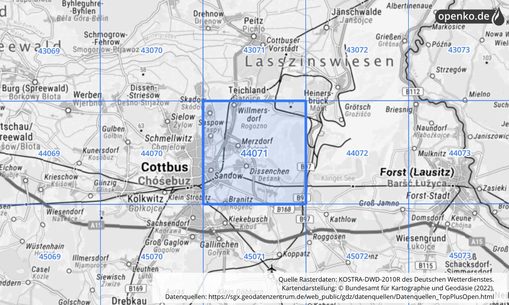 Übersichtskarte KOSTRA-DWD-2010R Rasterfeld Nr. 44071 mit angrenzenden Feldern