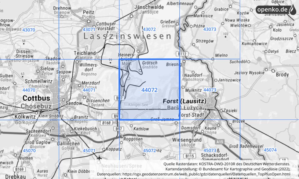 Übersichtskarte KOSTRA-DWD-2010R Rasterfeld Nr. 44072 mit angrenzenden Feldern