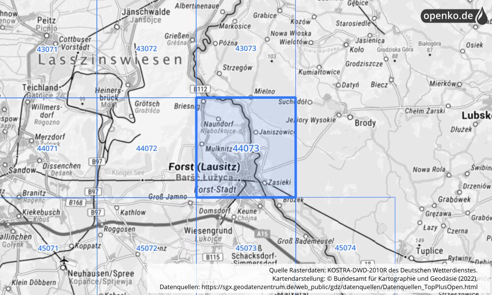 Übersichtskarte KOSTRA-DWD-2010R Rasterfeld Nr. 44073 mit angrenzenden Feldern