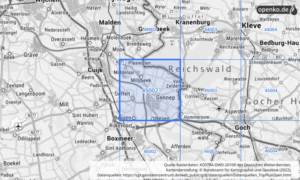 Übersichtskarte KOSTRA-DWD-2010R Rasterfeld Nr. 45002 mit angrenzenden Feldern