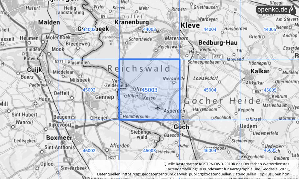 Übersichtskarte KOSTRA-DWD-2010R Rasterfeld Nr. 45003 mit angrenzenden Feldern