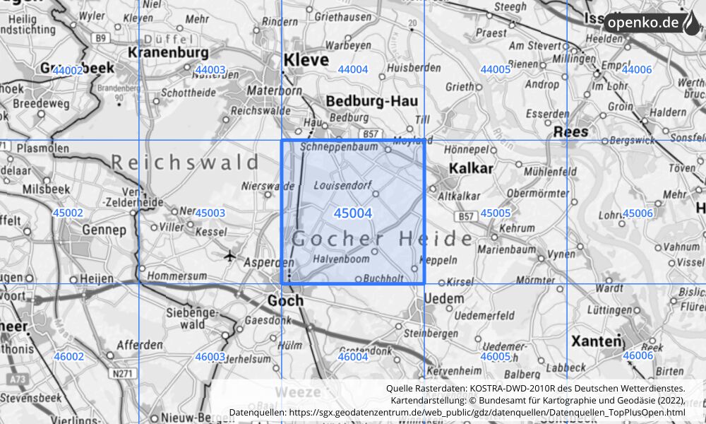 Übersichtskarte KOSTRA-DWD-2010R Rasterfeld Nr. 45004 mit angrenzenden Feldern