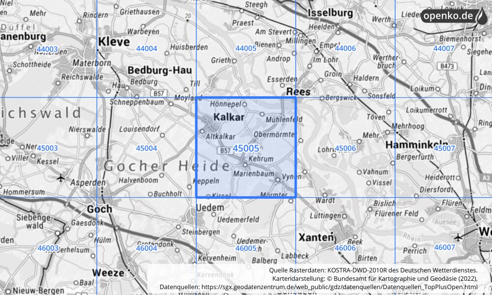 Übersichtskarte KOSTRA-DWD-2010R Rasterfeld Nr. 45005 mit angrenzenden Feldern