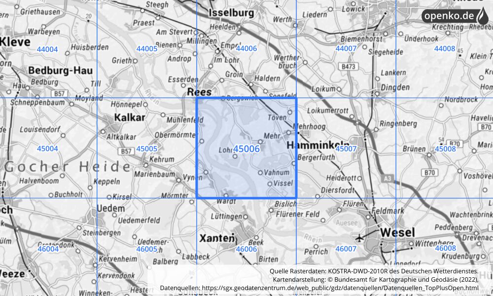 Übersichtskarte KOSTRA-DWD-2010R Rasterfeld Nr. 45006 mit angrenzenden Feldern