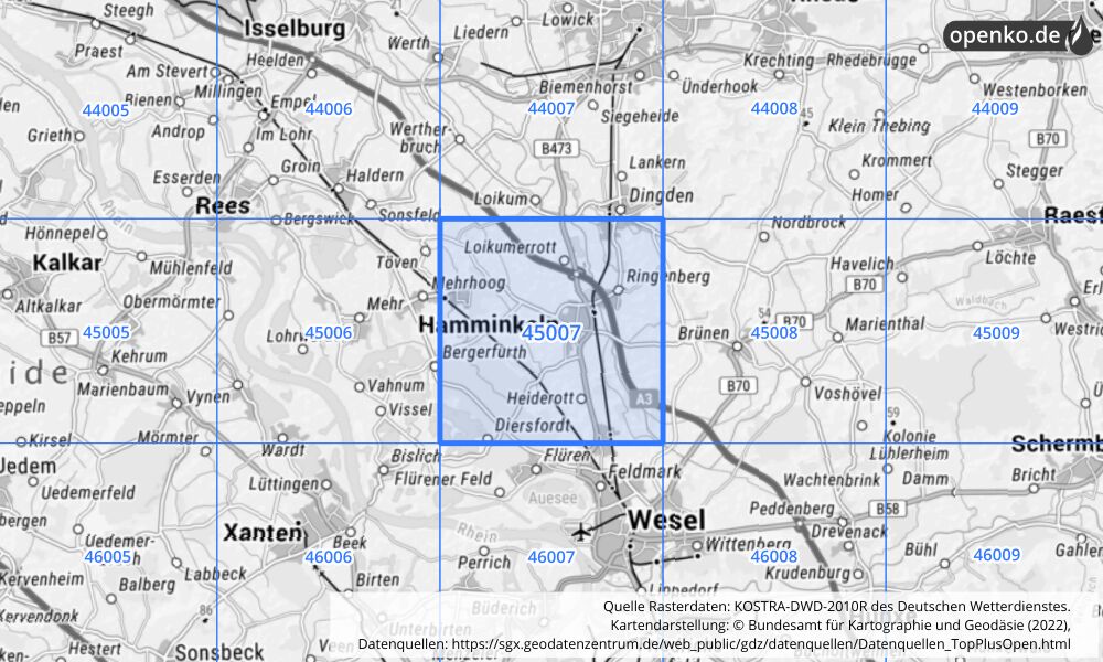 Übersichtskarte KOSTRA-DWD-2010R Rasterfeld Nr. 45007 mit angrenzenden Feldern