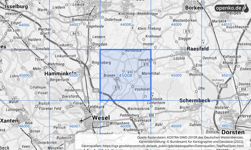 Übersichtskarte KOSTRA-DWD-2010R Rasterfeld Nr. 45008 mit angrenzenden Feldern