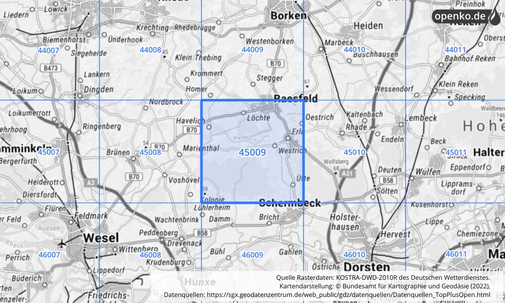 Übersichtskarte KOSTRA-DWD-2010R Rasterfeld Nr. 45009 mit angrenzenden Feldern