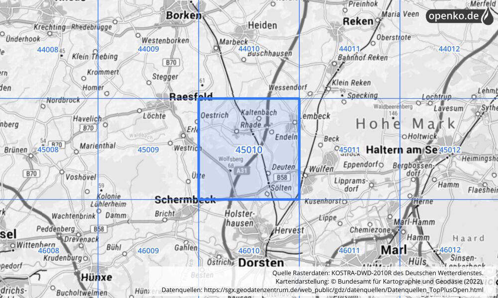 Übersichtskarte KOSTRA-DWD-2010R Rasterfeld Nr. 45010 mit angrenzenden Feldern