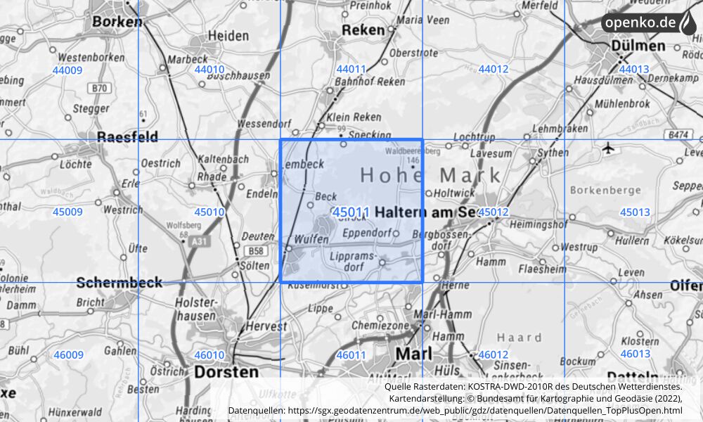 Übersichtskarte KOSTRA-DWD-2010R Rasterfeld Nr. 45011 mit angrenzenden Feldern