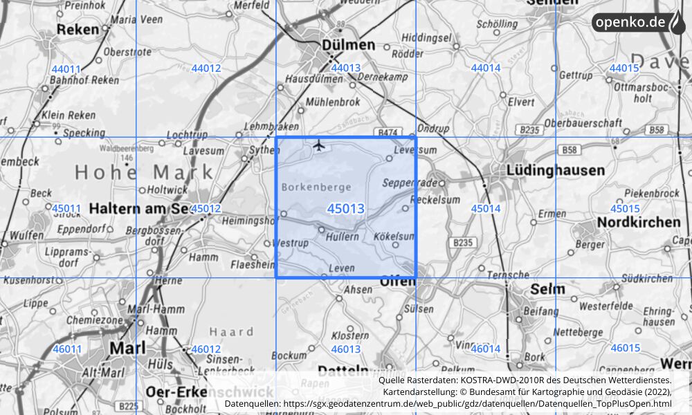 Übersichtskarte KOSTRA-DWD-2010R Rasterfeld Nr. 45013 mit angrenzenden Feldern