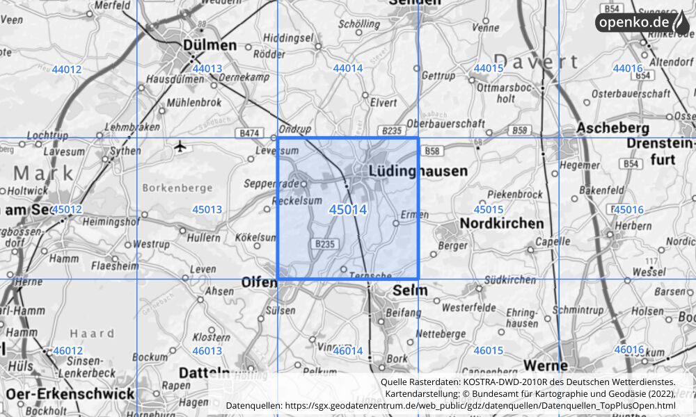 Übersichtskarte KOSTRA-DWD-2010R Rasterfeld Nr. 45014 mit angrenzenden Feldern