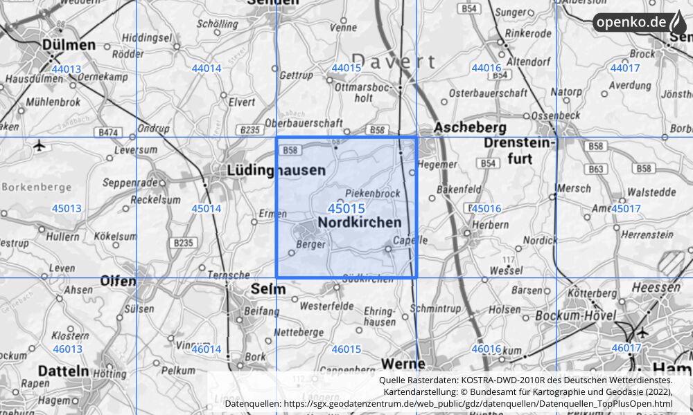 Übersichtskarte KOSTRA-DWD-2010R Rasterfeld Nr. 45015 mit angrenzenden Feldern