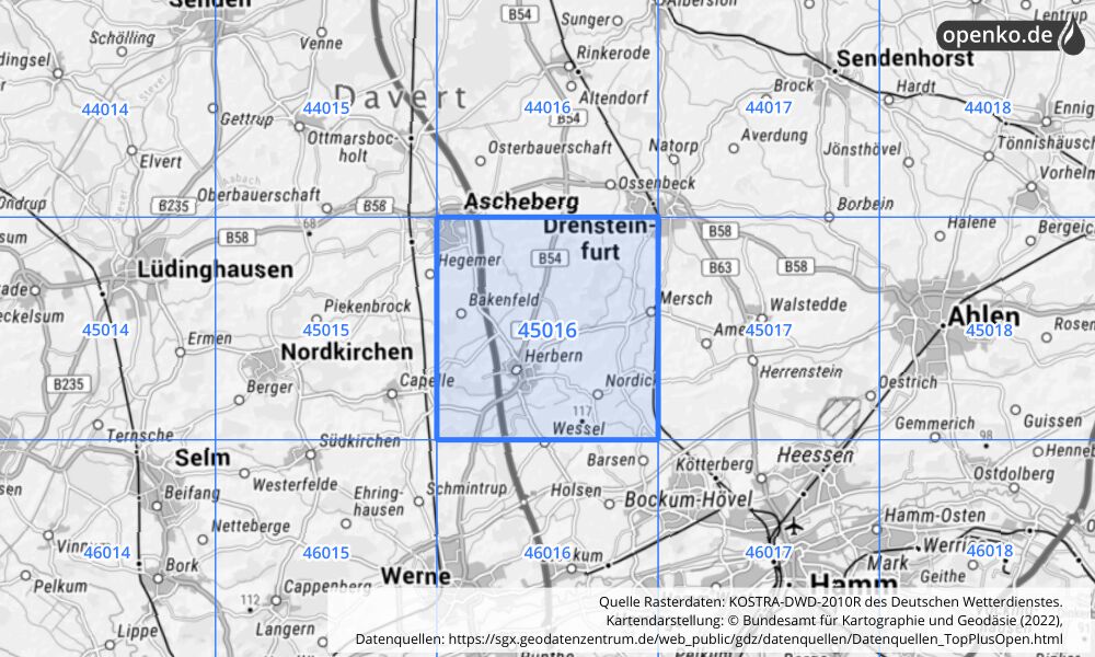 Übersichtskarte KOSTRA-DWD-2010R Rasterfeld Nr. 45016 mit angrenzenden Feldern