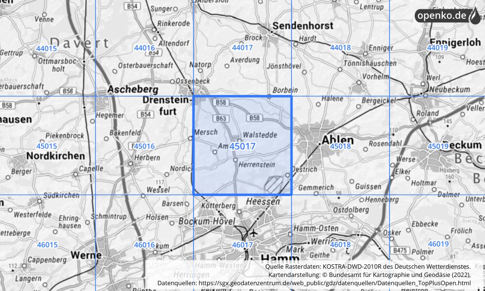 Übersichtskarte KOSTRA-DWD-2010R Rasterfeld Nr. 45017 mit angrenzenden Feldern