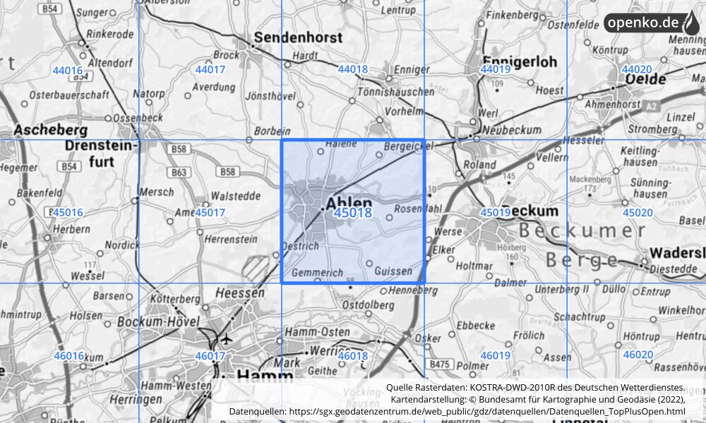 Übersichtskarte KOSTRA-DWD-2010R Rasterfeld Nr. 45018 mit angrenzenden Feldern