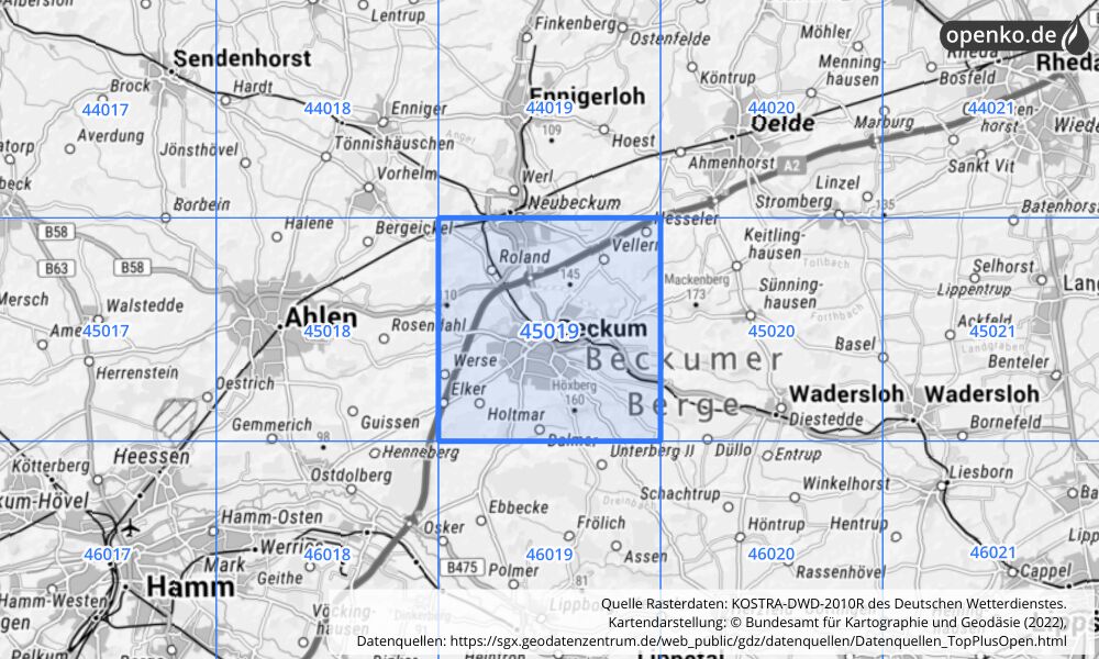 Übersichtskarte KOSTRA-DWD-2010R Rasterfeld Nr. 45019 mit angrenzenden Feldern