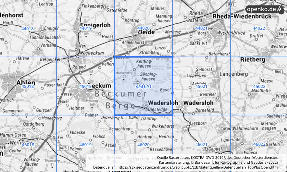 Übersichtskarte KOSTRA-DWD-2010R Rasterfeld Nr. 45020 mit angrenzenden Feldern