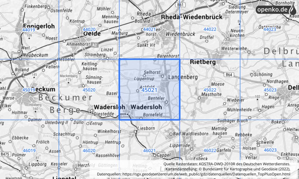 Übersichtskarte KOSTRA-DWD-2010R Rasterfeld Nr. 45021 mit angrenzenden Feldern