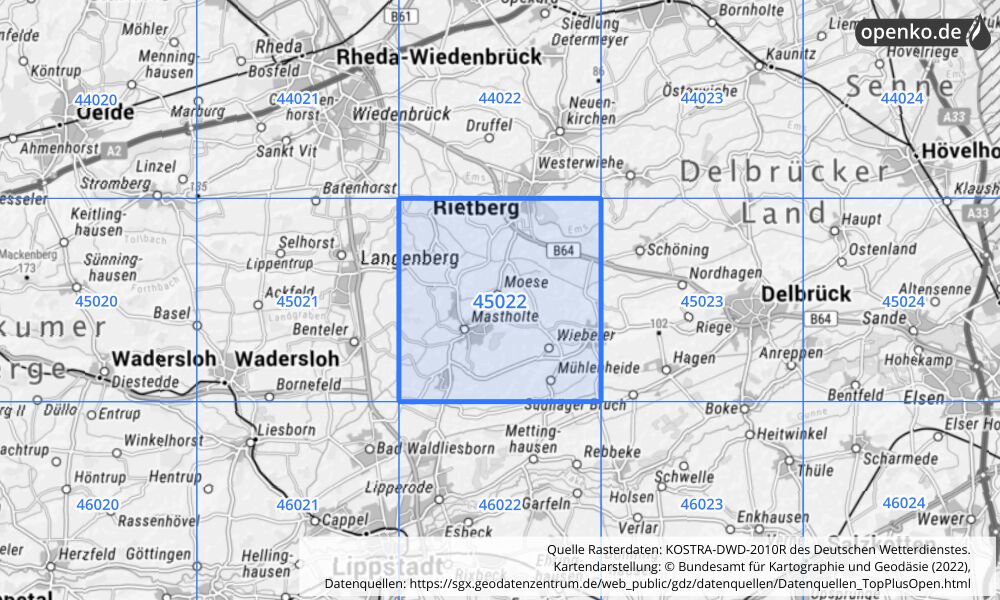 Übersichtskarte KOSTRA-DWD-2010R Rasterfeld Nr. 45022 mit angrenzenden Feldern