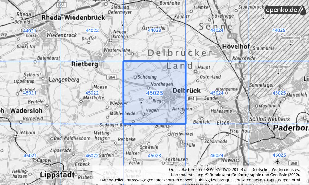 Übersichtskarte KOSTRA-DWD-2010R Rasterfeld Nr. 45023 mit angrenzenden Feldern