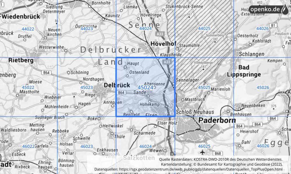 Übersichtskarte KOSTRA-DWD-2010R Rasterfeld Nr. 45024 mit angrenzenden Feldern