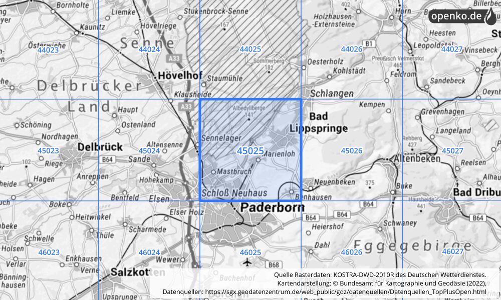 Übersichtskarte KOSTRA-DWD-2010R Rasterfeld Nr. 45025 mit angrenzenden Feldern