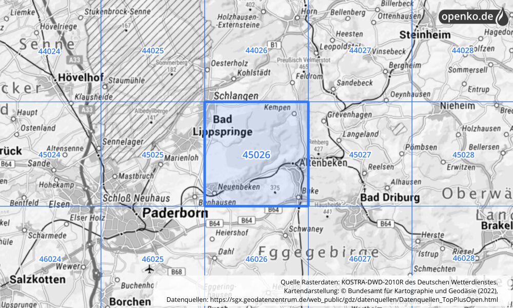 Übersichtskarte KOSTRA-DWD-2010R Rasterfeld Nr. 45026 mit angrenzenden Feldern