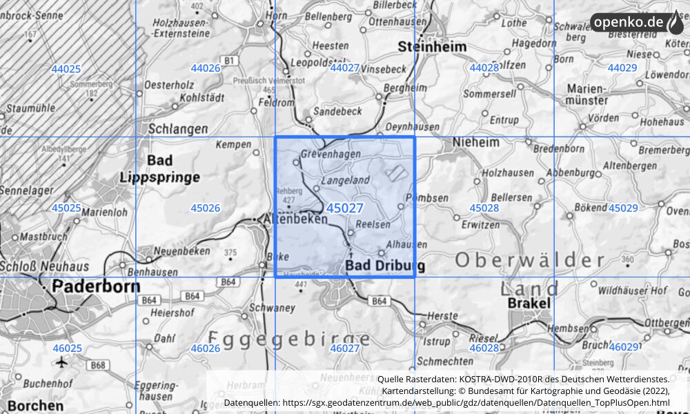 Übersichtskarte KOSTRA-DWD-2010R Rasterfeld Nr. 45027 mit angrenzenden Feldern