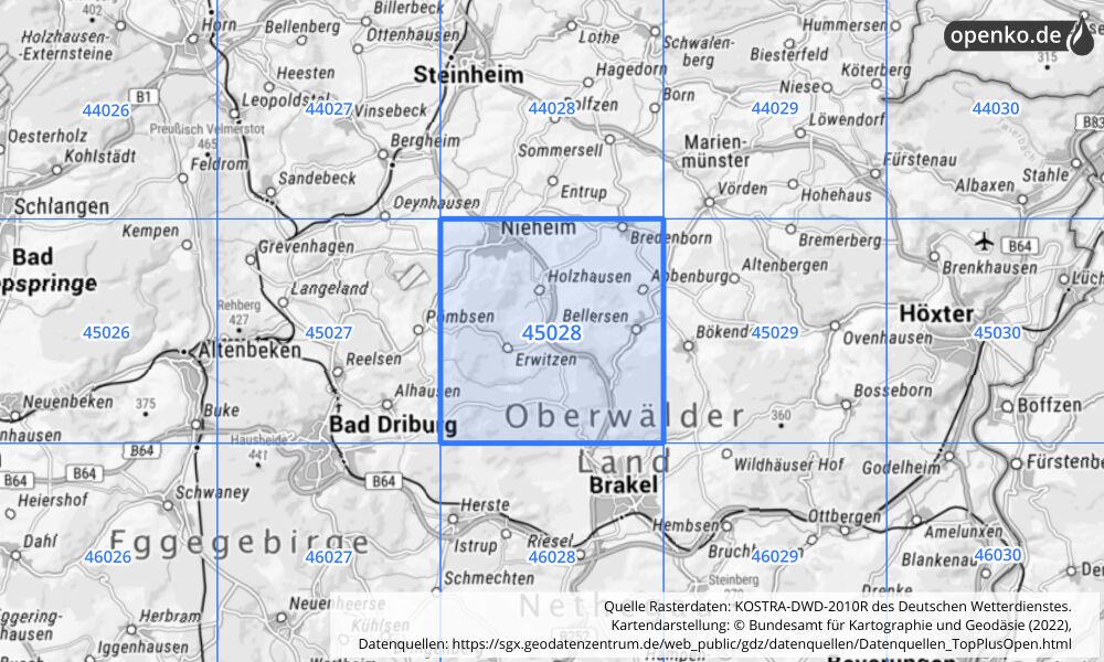 Übersichtskarte KOSTRA-DWD-2010R Rasterfeld Nr. 45028 mit angrenzenden Feldern