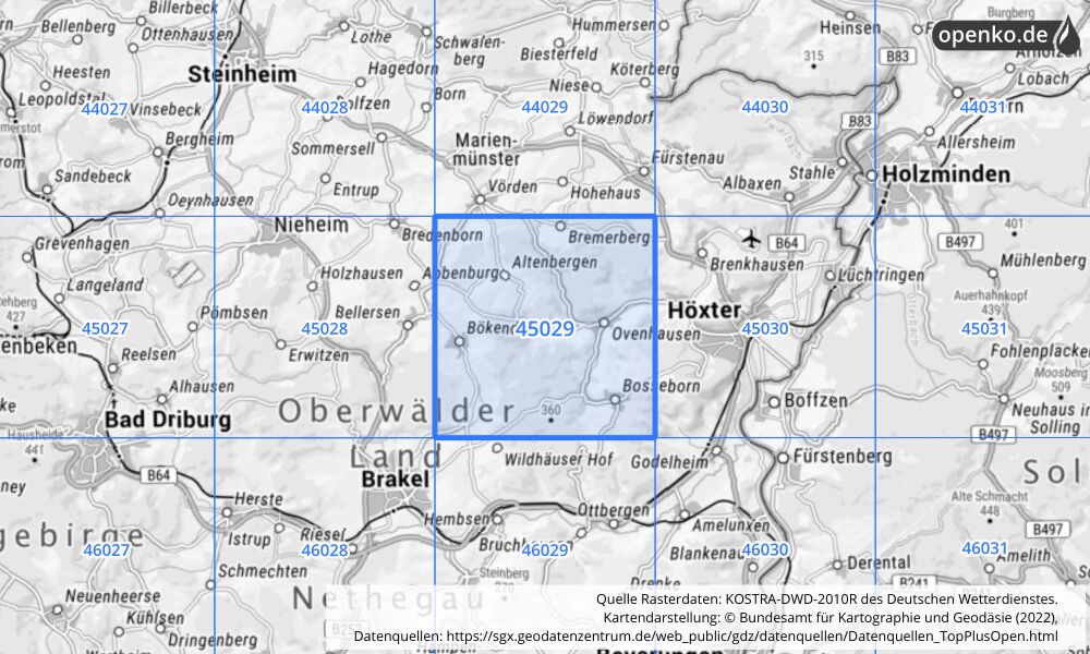 Übersichtskarte KOSTRA-DWD-2010R Rasterfeld Nr. 45029 mit angrenzenden Feldern